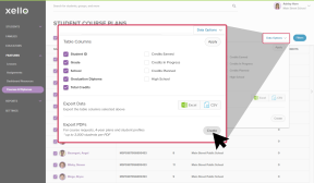 Student course plans page in Xello. Data Options menu is open with the cursor clicking on "Create"